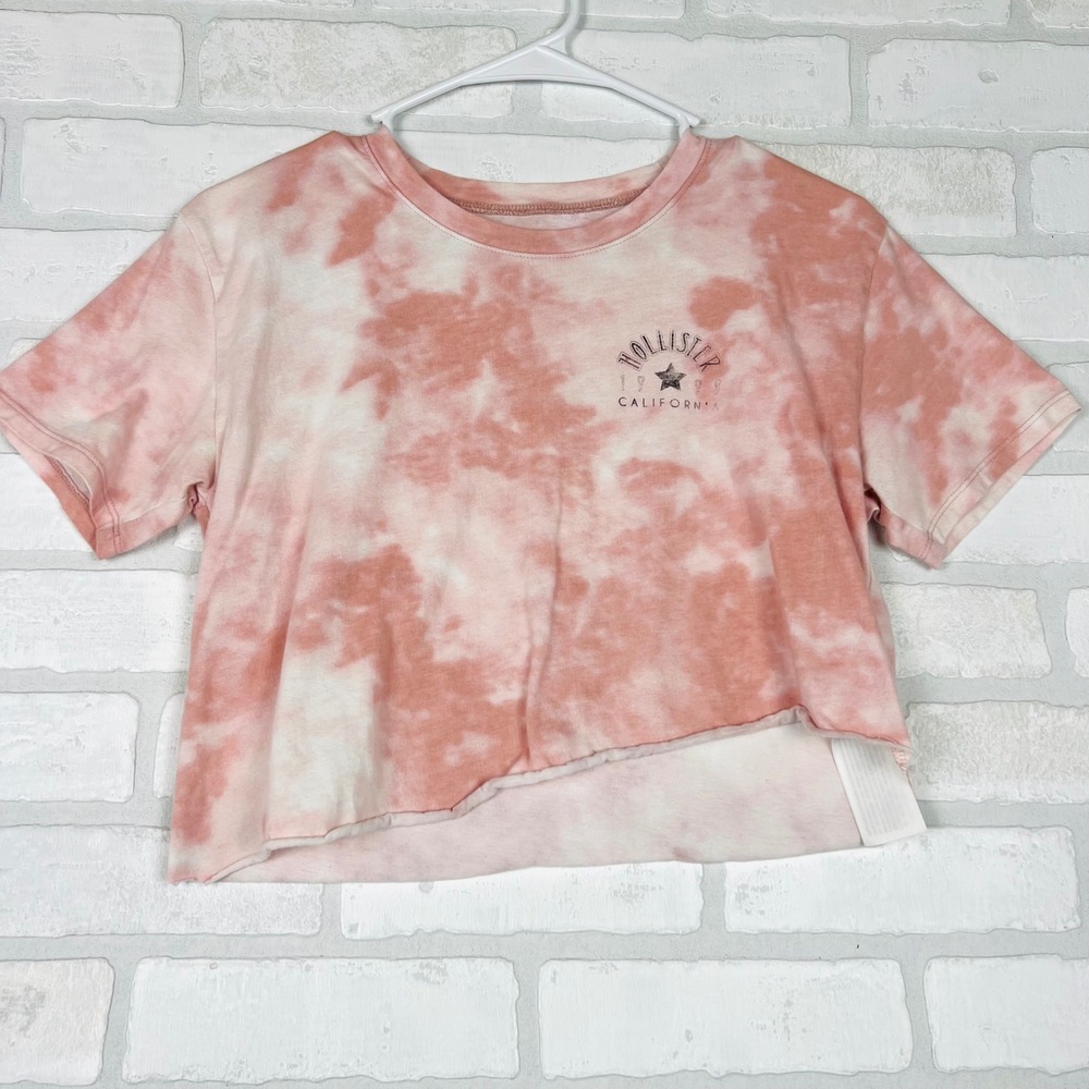 Hollister Women Pink Tie Dye Graphic Cropped T-Shirt Raw Hem XS